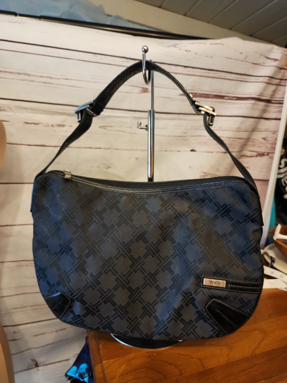 Tumi Signature Black Monogram Shoulder Bag Blue Lining